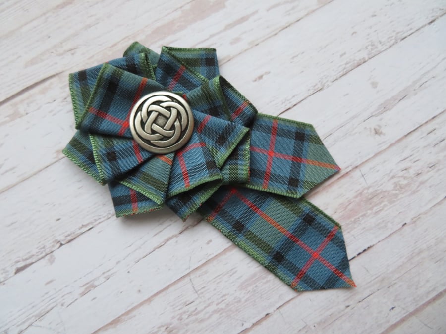 Flower of Scotland Tartan Ruffle Rosette Mini Brooch Pin Scottish Highland Plaid