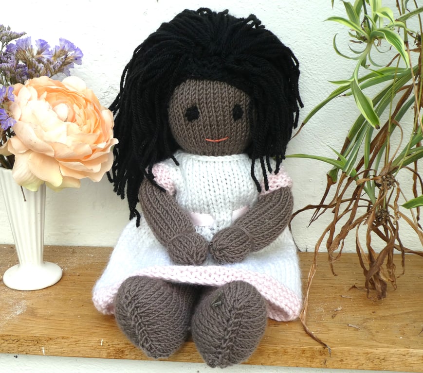 Doll. 12" Hand Knitted Doll Black African Doll Made in Wool With Removable Dress