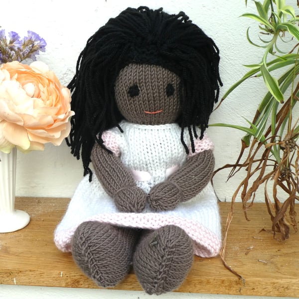 Doll. 12" Hand Knitted Doll Black African Doll Made in Wool With Removable Dress