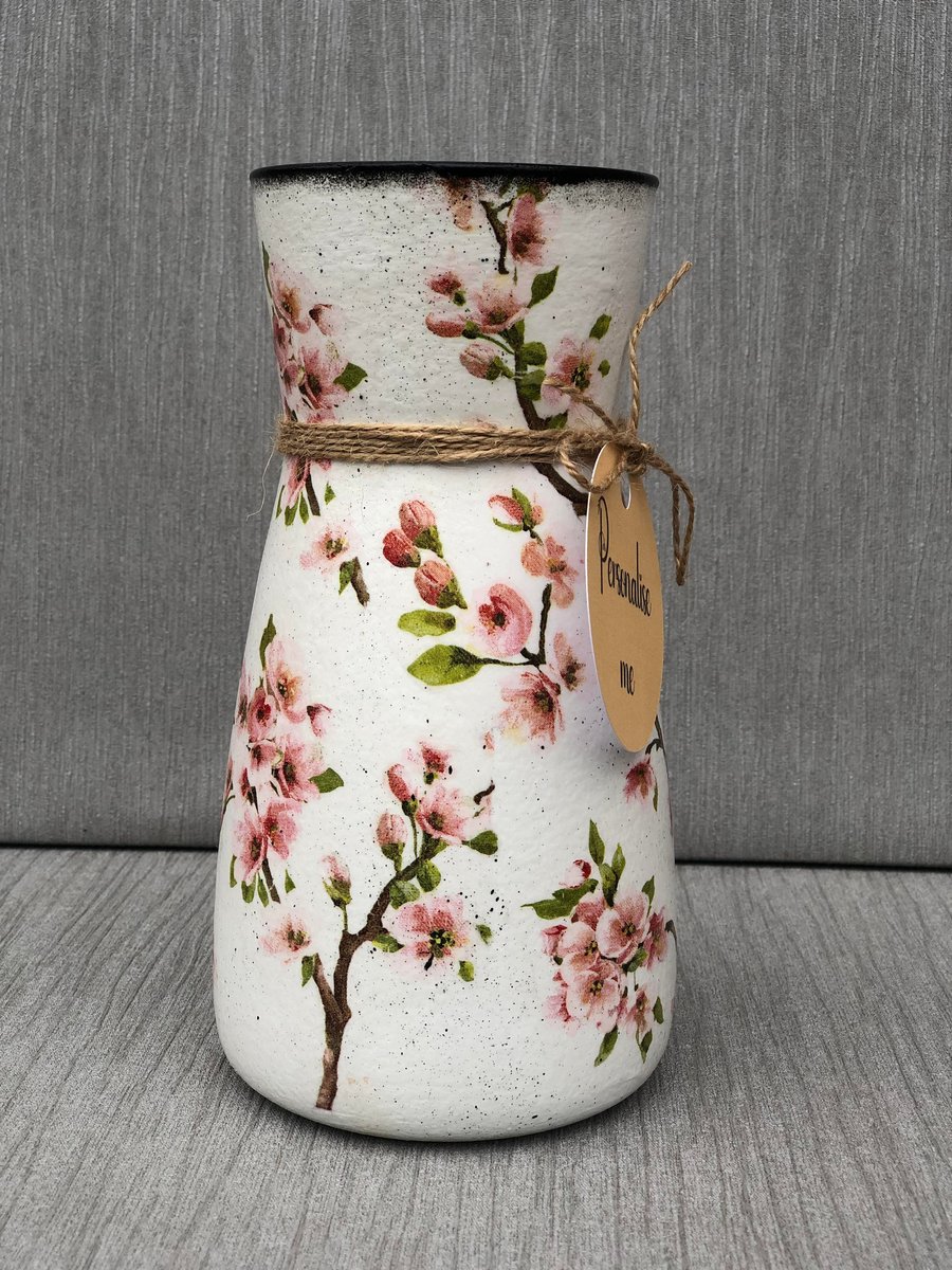 Decoupage Glass Vase - Pink Magnolia , Mothers Day , Birthday, Friend ,Sister 