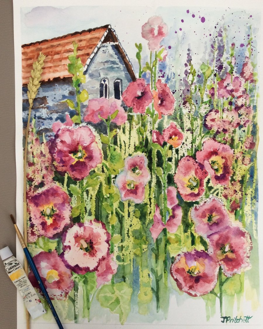 Original watercolour painting of pink hollyhocks in country garden