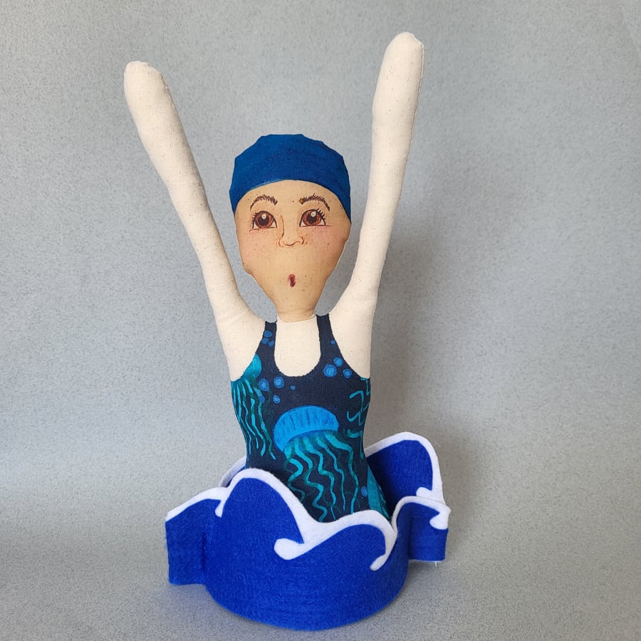 Wild Swimmer soft sculpture. Textile art doll ornament. EVE