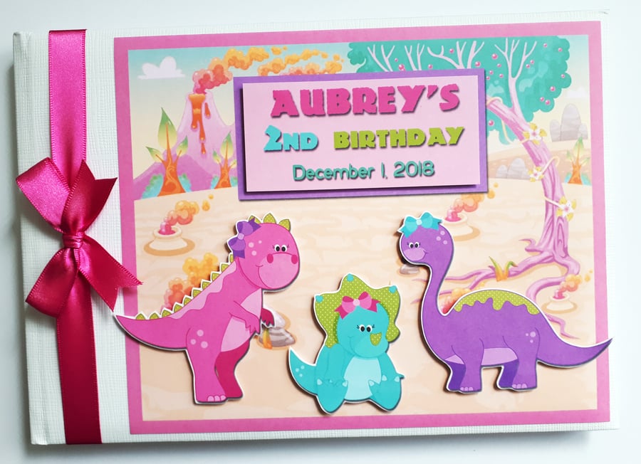 Dinosaurs girl birthday guest book, Cute pink dinosaurs party keepsake, gift