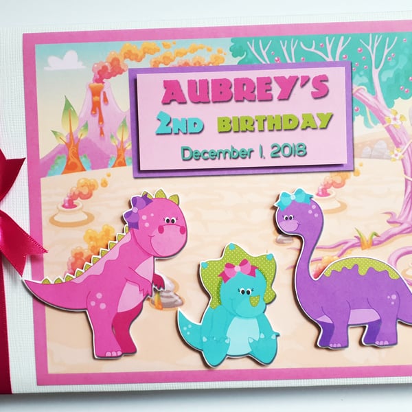 Dinosaurs girl birthday guest book, Cute pink dinosaurs party keepsake, gift