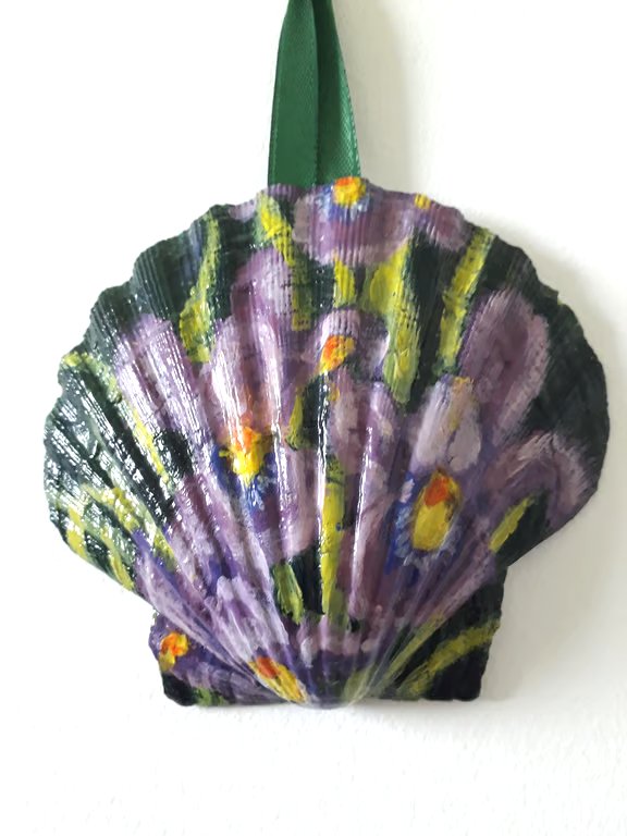 Purple iris, handpainted shell wall art.  