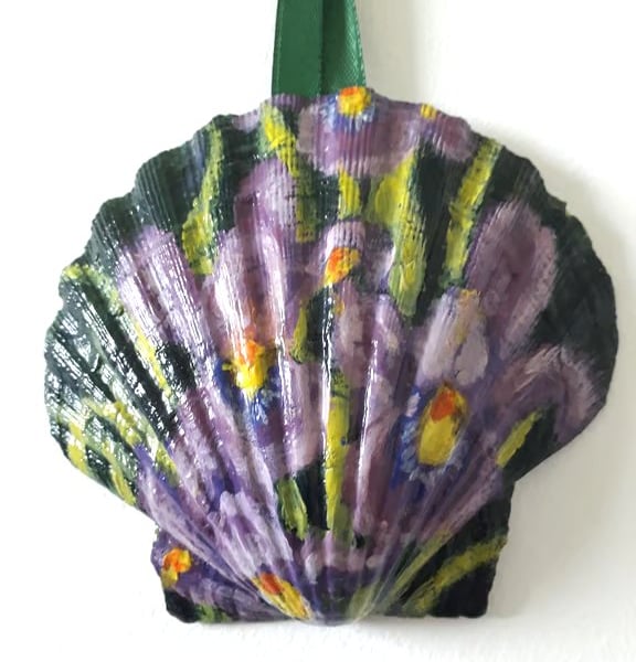 Purple iris, handpainted shell wall art.  