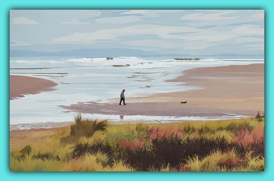 Dog Walker on Beach Greeting Card A5