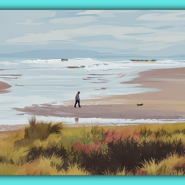 Dog Walker on Beach Greeting Card A5