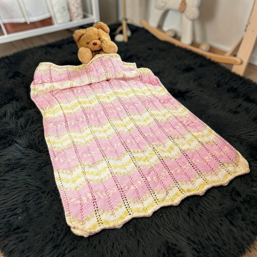 Pink Hand Knitted Baby Blanket, Chevron Pattern, New Baby Gift