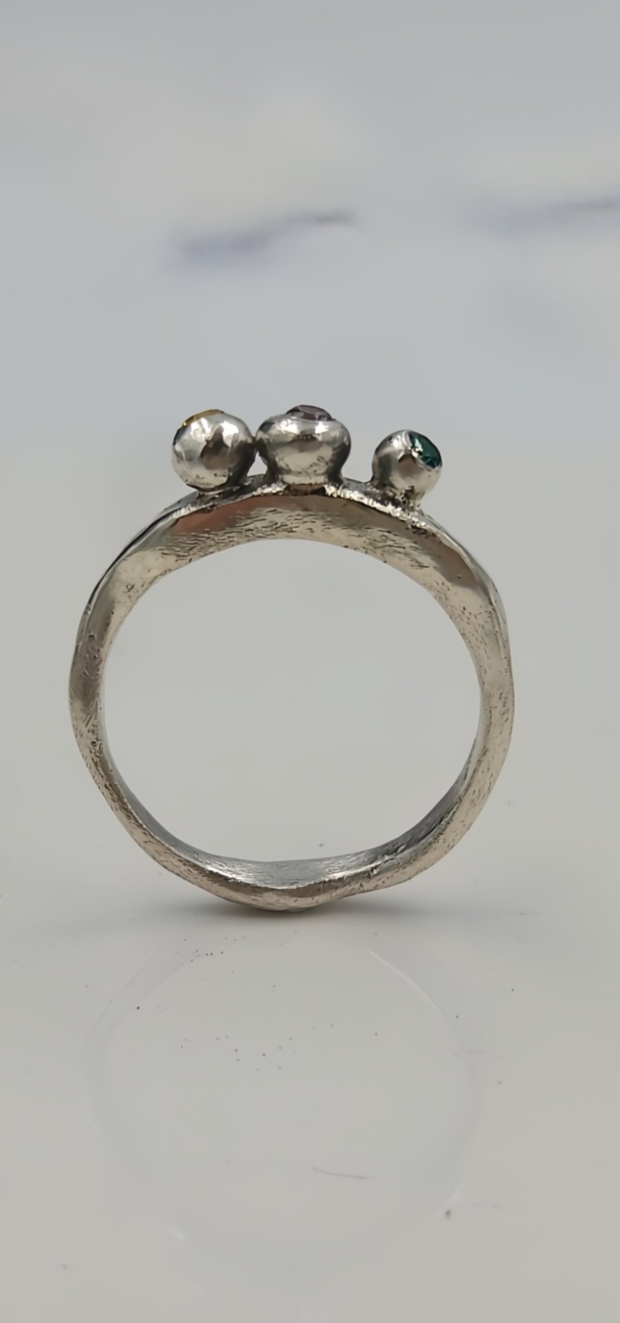 Sterling Silver Molten Ring, Pink Green Yellow CZ Gemstones - Size K