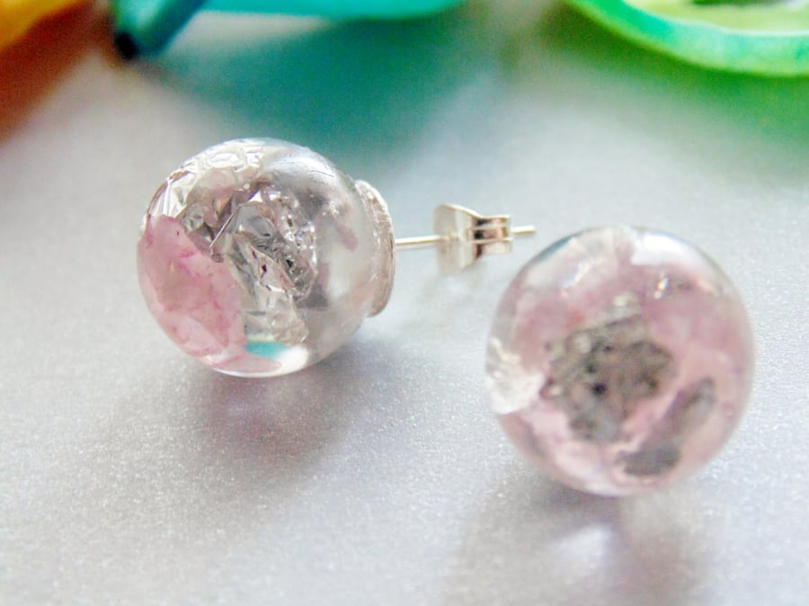 Natural Rose Quartz with Silver Flakes, Stud Earrings