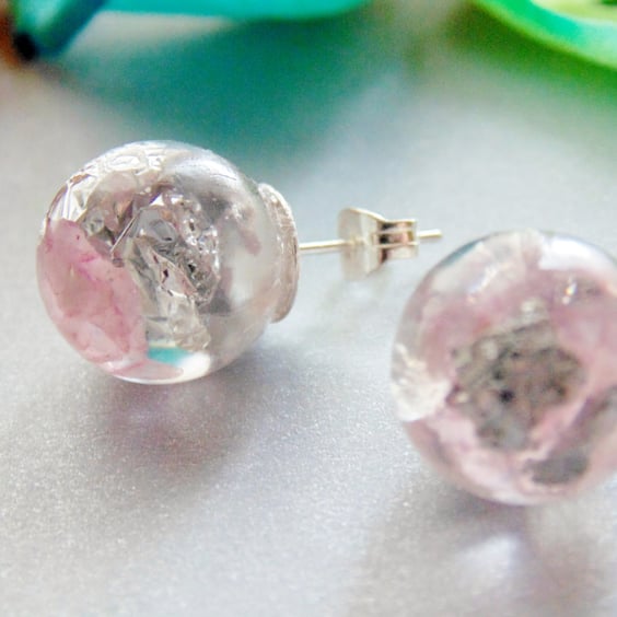 Natural Rose Quartz with Silver Flakes, Stud Earrings