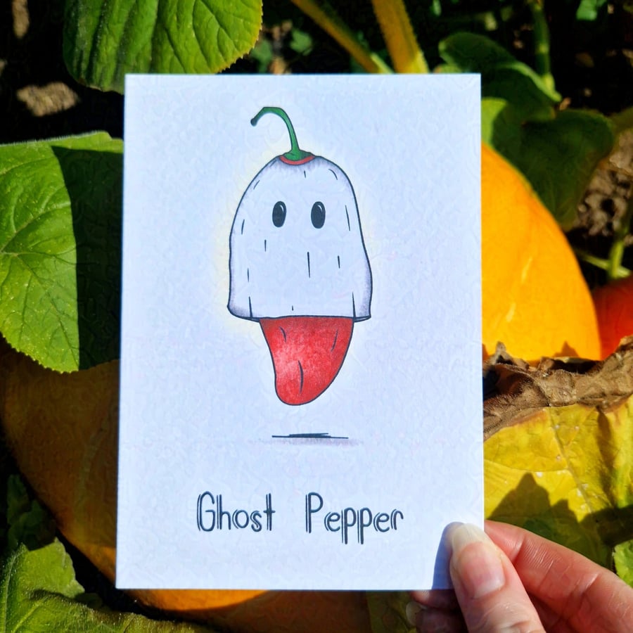 Image of Funny food pun card, Ghost Pepper! Halloween card, Ghost card, Chilli spice love