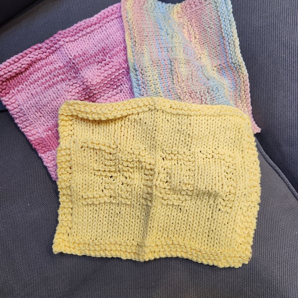 Hand Knit Cotton Dishcloth Bundle of 3