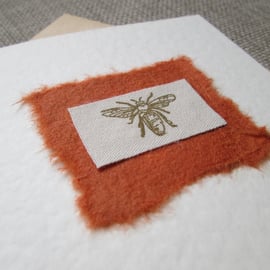 Bee Fabric Card in Gold and Rust, blank inside