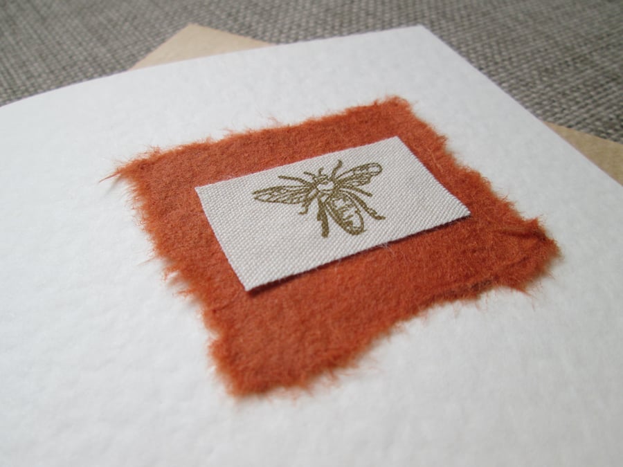 Bee Fabric Card in Gold and Rust, blank inside