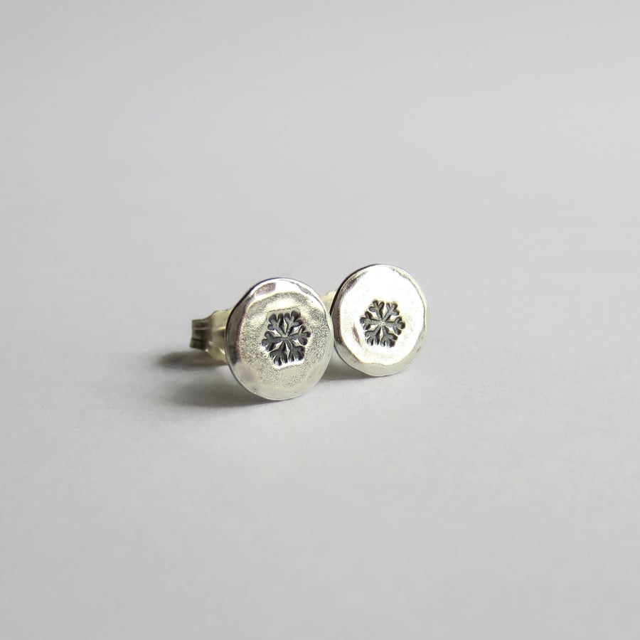 Sterling Silver Snowflake Stud Earrings - Handstamped - Oxidised