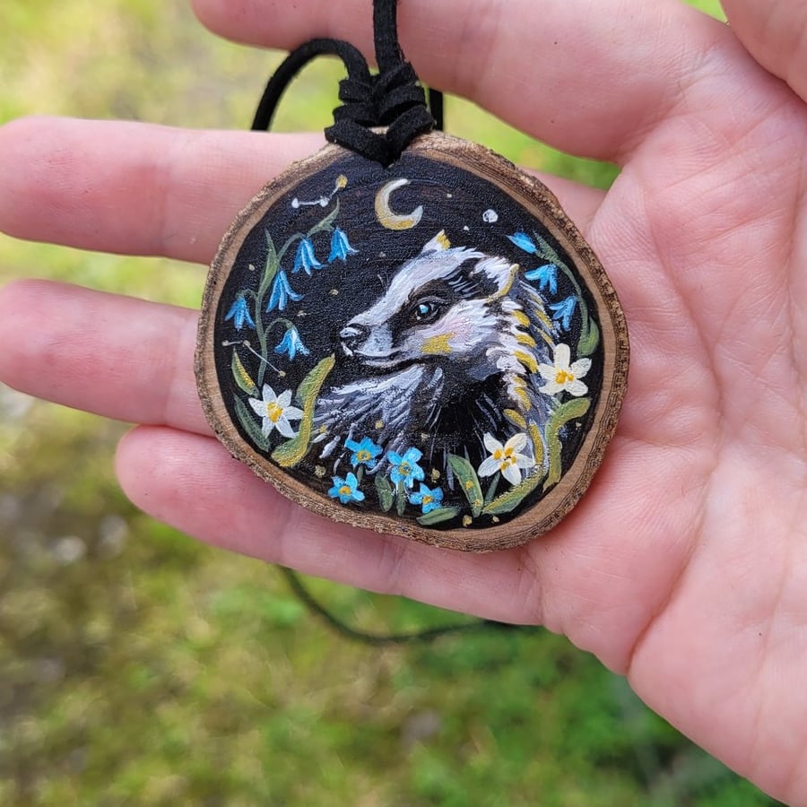Hand-Painted Badger Wood Slice Magic Amulet Pendant Unique Wearable Wildlife Art