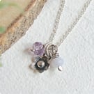 Sterling Silver Forget-me-not Flower Charm Necklace with Amethyst & Blue Agate