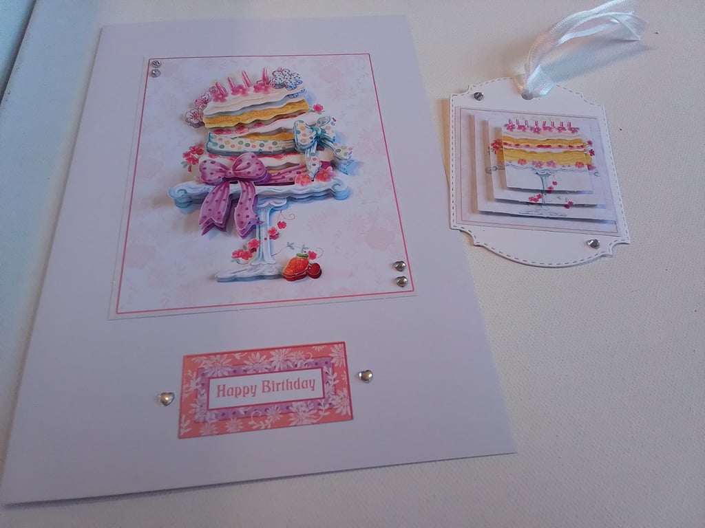 Birthday card and gift tag set. Birthday card. Decoupage card. Ref 144