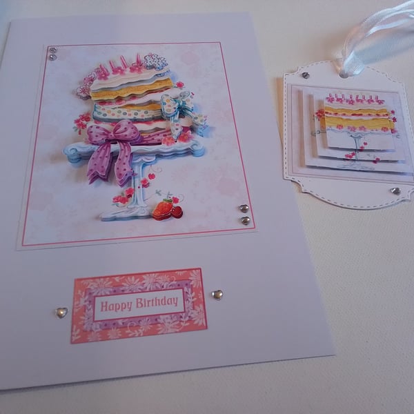 Birthday card and gift tag set. Birthday card. Decoupage card. CC864