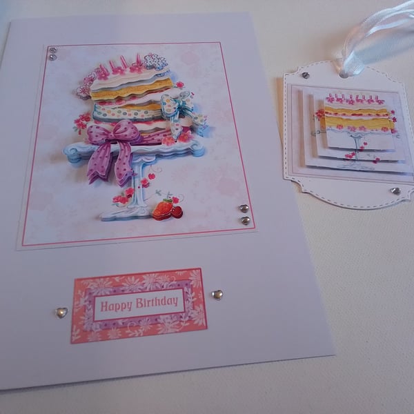Birthday card and gift tag set. Birthday card. Decoupage card. Ref 144