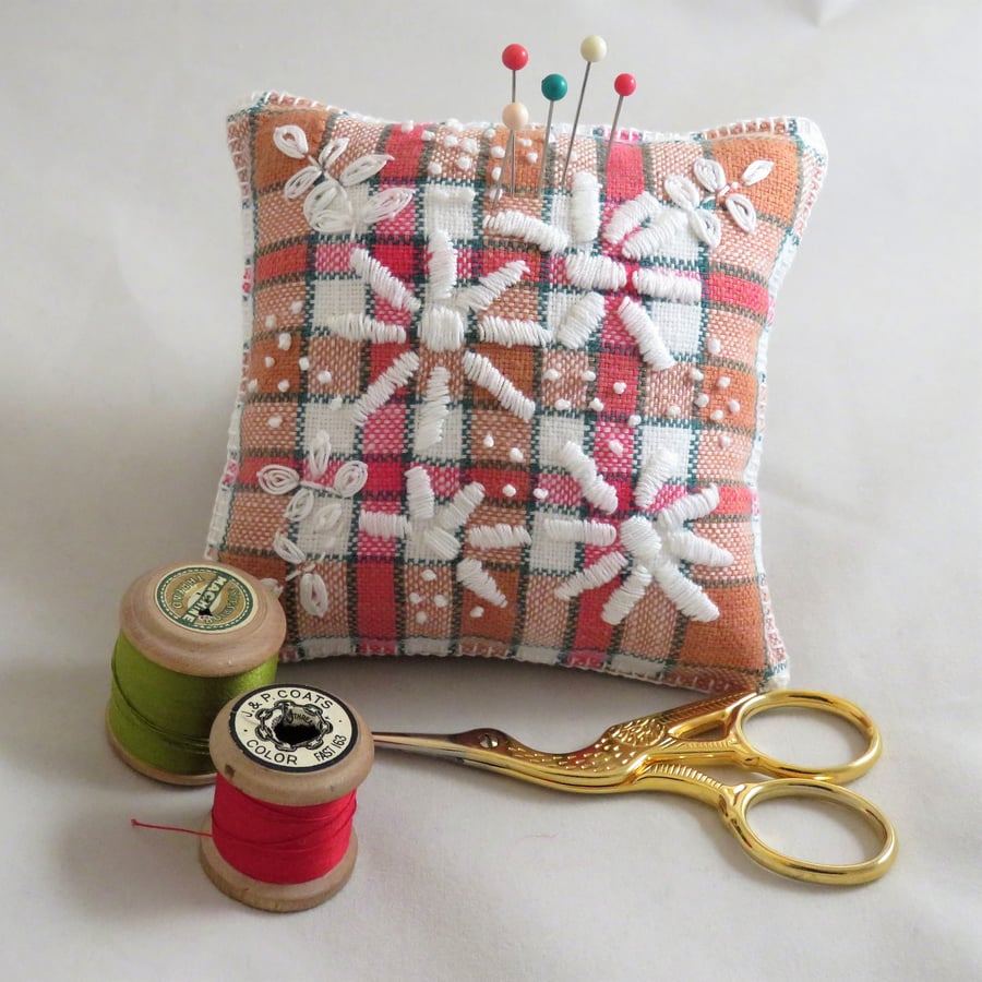 Pincushion - white flowers on recycled vintage tablecloth