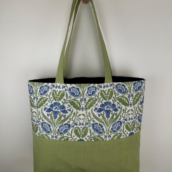 Arts and Crafts Style Tote Bag, Green Canvas Tote, Block Print Style Pattern Fab