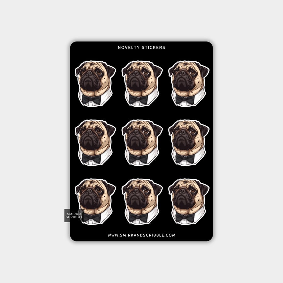 Image of Funny Vinyl Sticker Sheet For Adults - Pug With Bow Tie