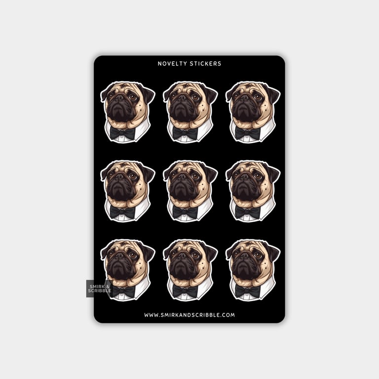 Funny Vinyl Sticker Sheet For Adults - Pug With Bow Tie