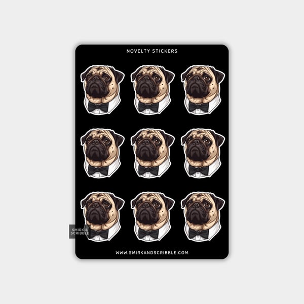 Funny Vinyl Sticker Sheet For Adults - Pug With Bow Tie