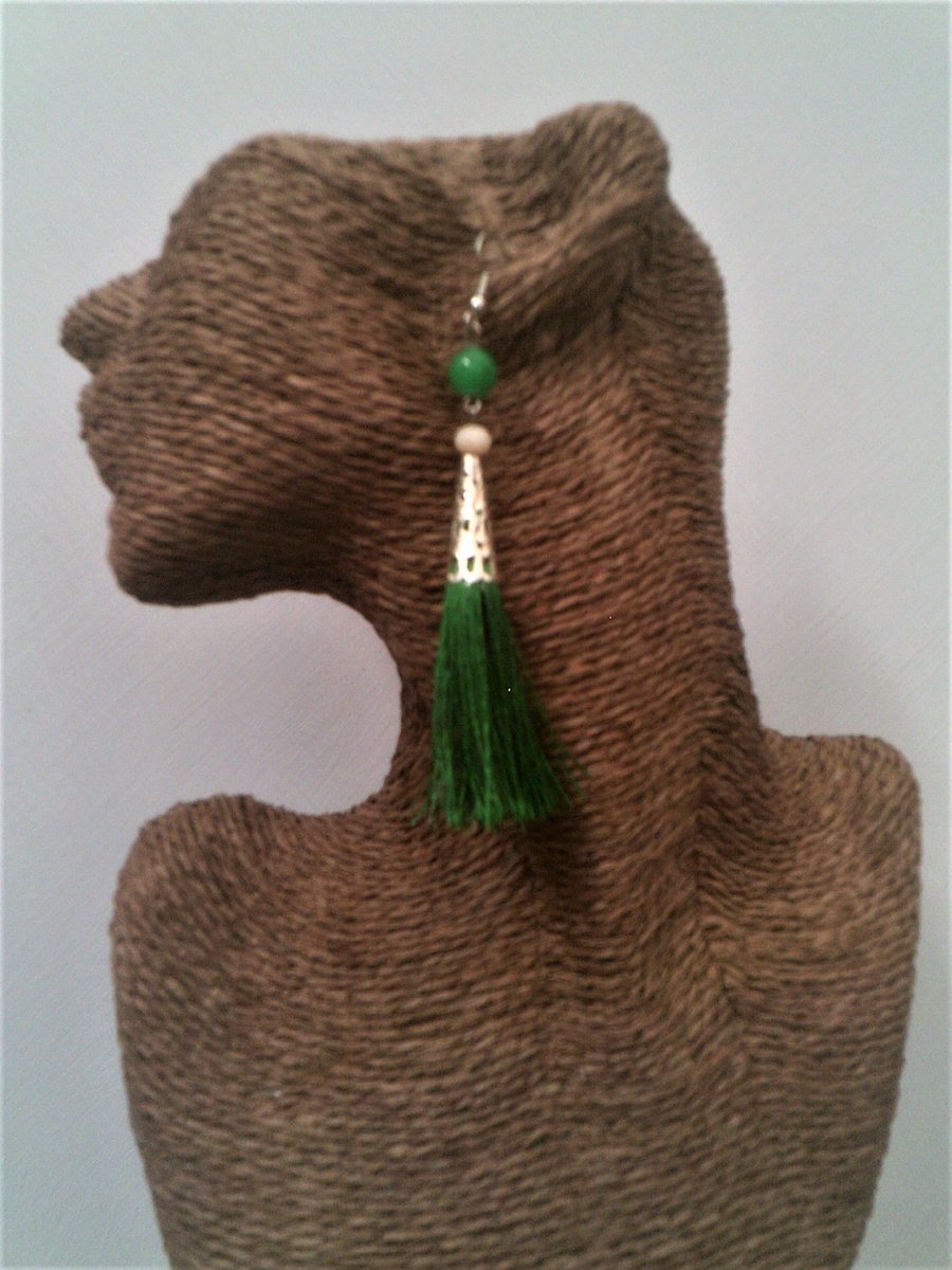Long Emerald Green Tassel Earrings with Gemstones, Dangle Earrings for Women