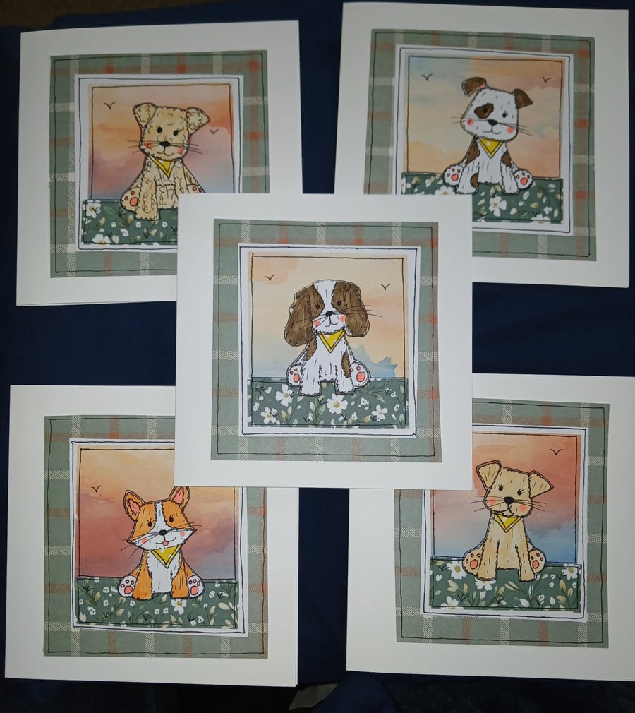 Quirky art handrawn set of 5 beautiful handmade whimsical cute dogs blank cards