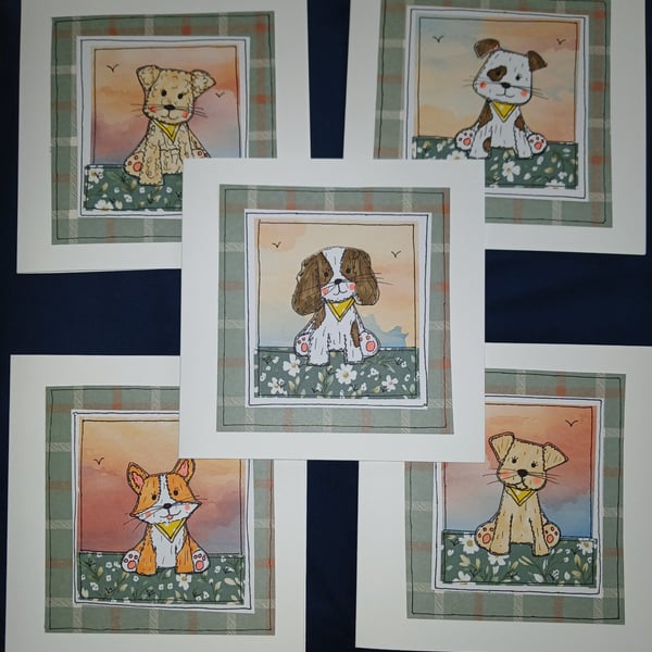 Quirky art handrawn set of 5 beautiful handmade whimsical cute dogs blank cards