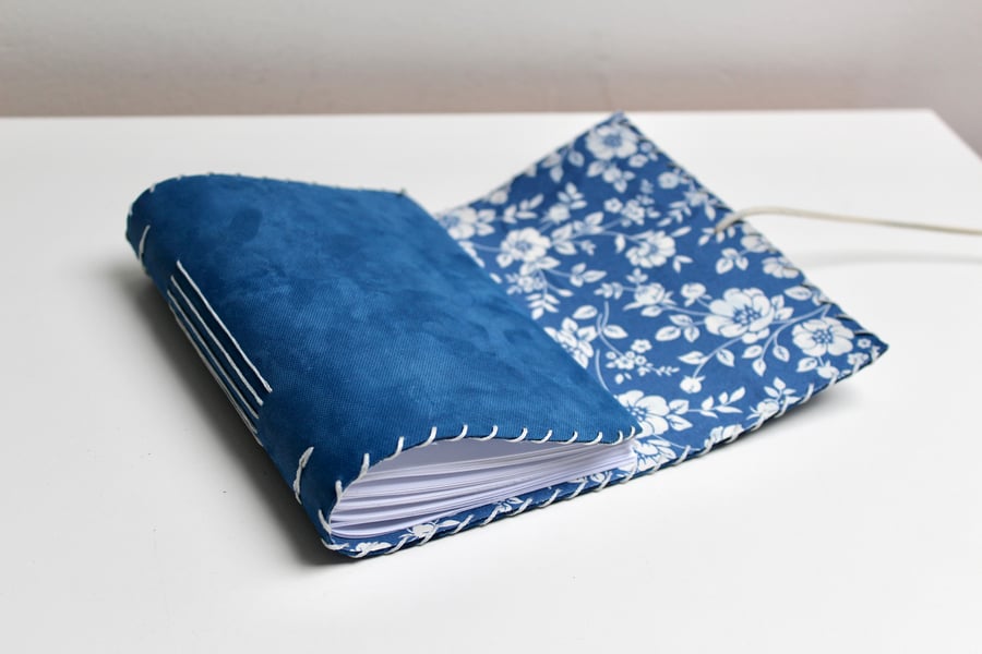 A6 Fold Over Blue Leather handmade notebook floral fabric lining plain paper 