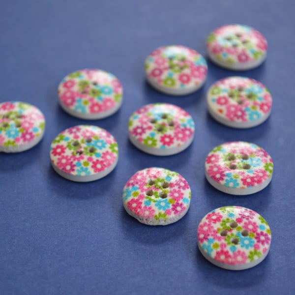 15mm Wooden Floral Buttons Hot Pink Green Blue 10pk Flowers (SF22)