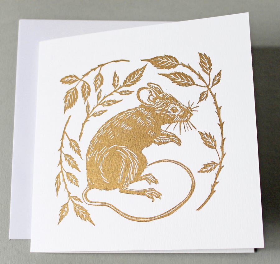 Pack of two gold mouse linoprint cards