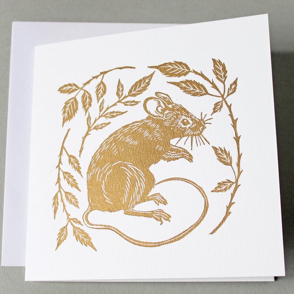 Pack of two gold mouse linoprint cards