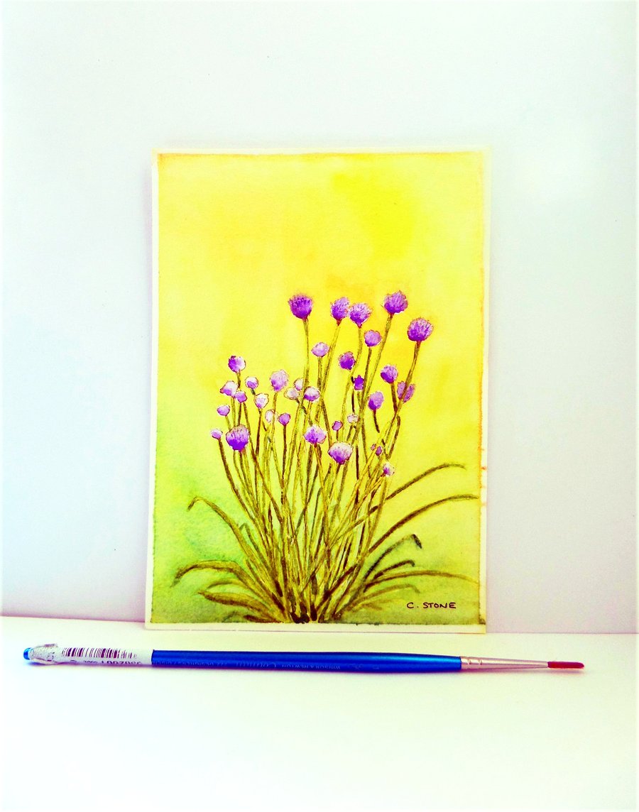 Small watercolour painting, Flowering Garden Chives, still life 7" x 5"