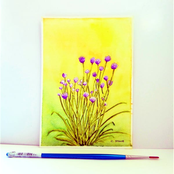 Small watercolour painting, Flowering Garden Chives, still life 7" x 5"