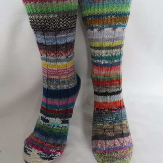 Hand-cranked Frankensox Knitted Ribbed Wool Socks Size 4 to 5