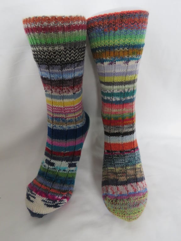 Hand-cranked Frankensox Knitted Ribbed Wool Socks Size 4 to 5