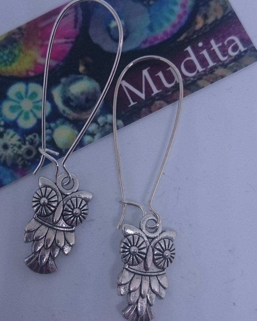 Dangly Sterling Silver Owl Charm Earrings   