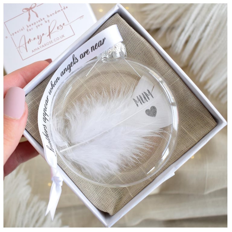 Mum Memorial Round Feather Bauble, In Memory of Mum, Round Glass Christmas Ornam