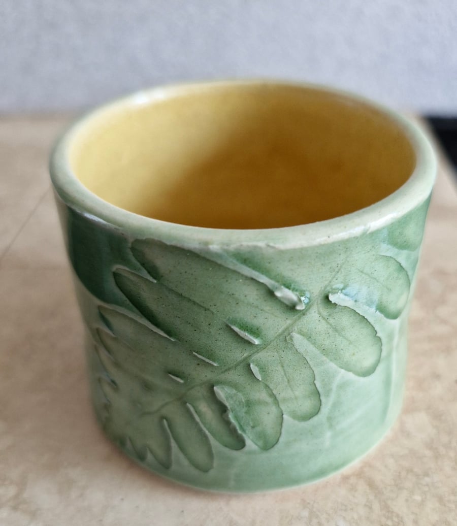 Handmade ceramic green leaf candle pot