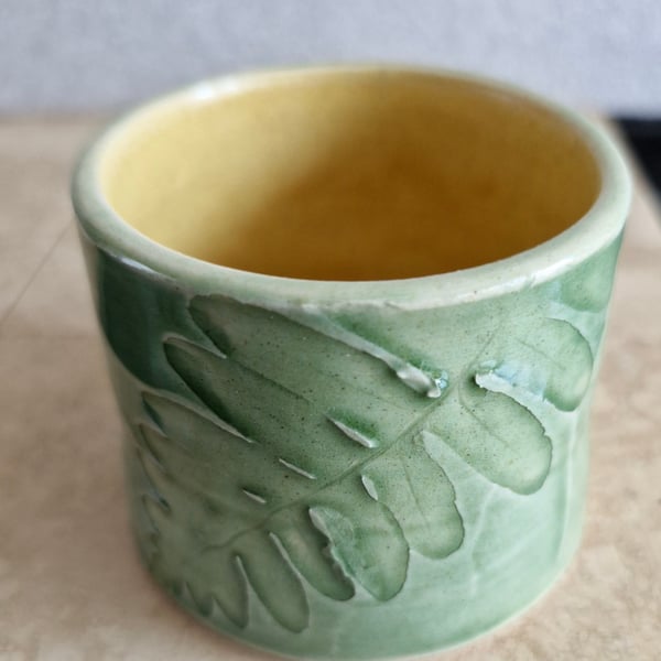 Handmade ceramic green leaf candle pot