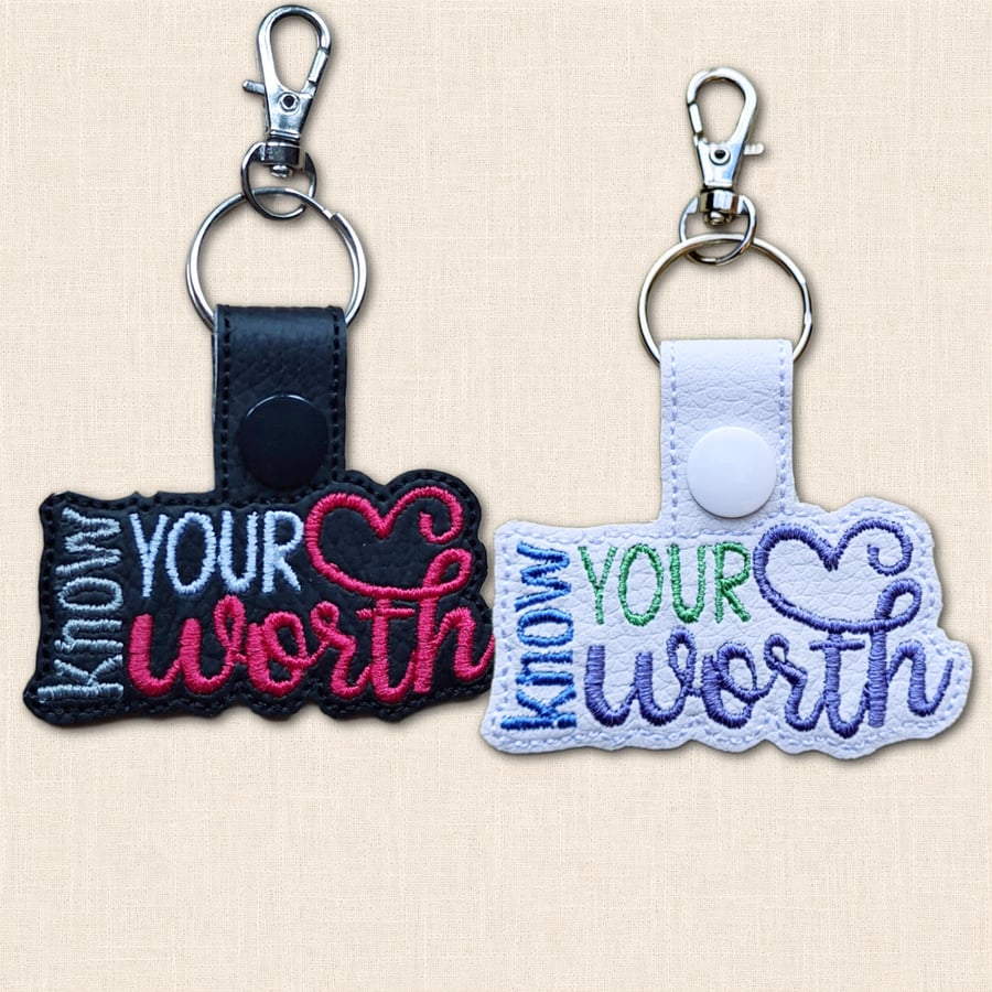 Know Your Worth Keyring - Positive Embroidered Faux Leather Bag Charm