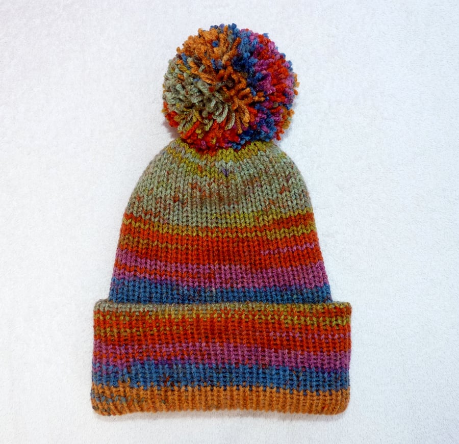 Bobble Hat in Multicloured DK weight Yarn with Large Pompom. 