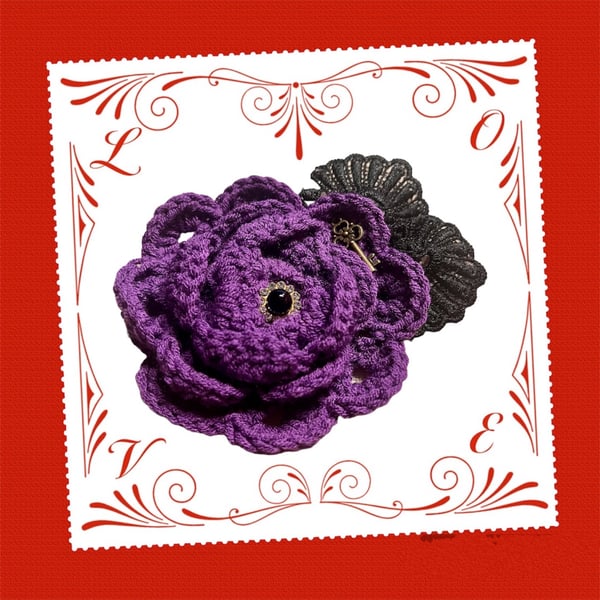 Crochet Purple Rose with Black Lace Leaves Brooch, Steam Punk, Goth Badge
