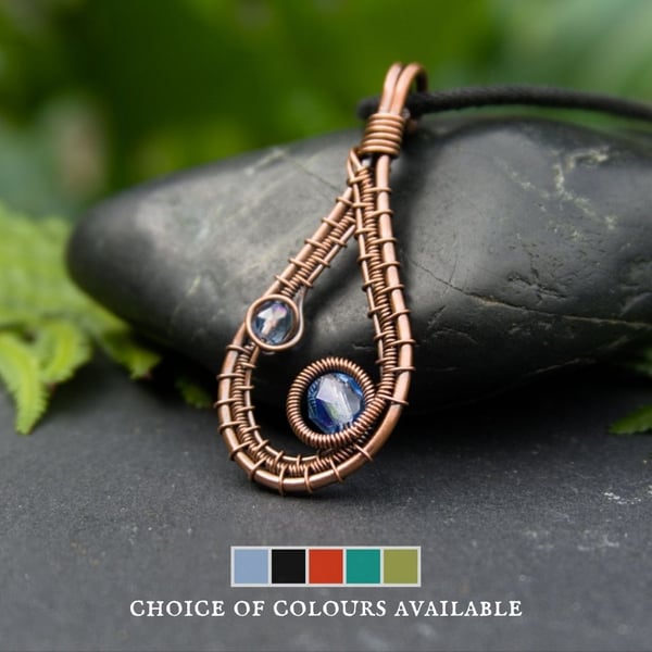 Simple Wire Wrapped Copper Teardrop Pendant - Choice of Colours